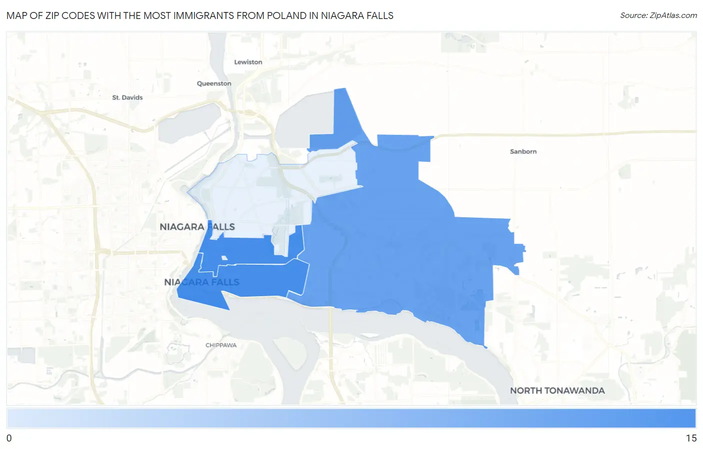 Zip Codes with the Most Immigrants from Poland in Niagara Falls Map