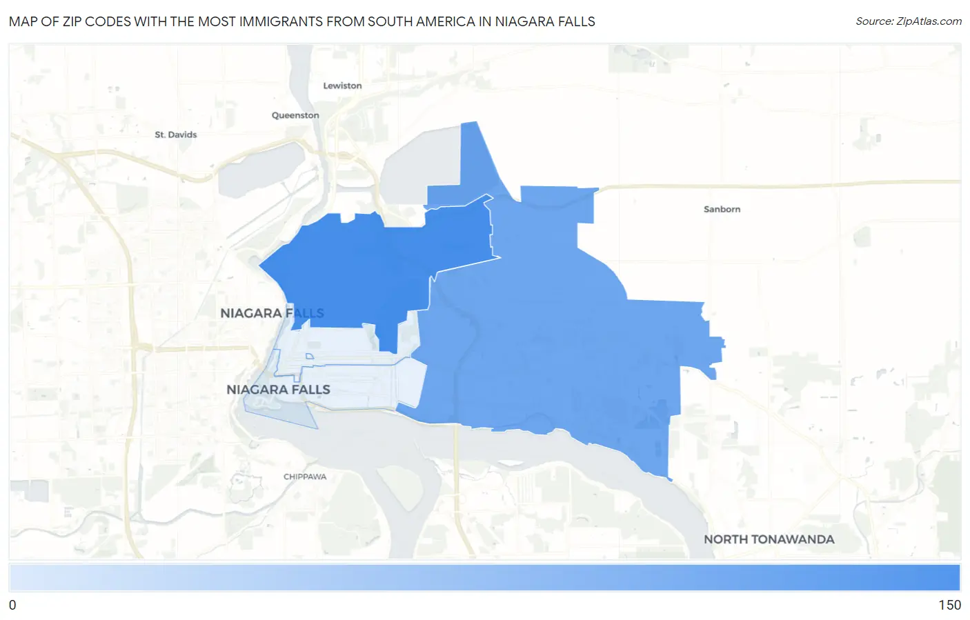 Zip Codes with the Most Immigrants from South America in Niagara Falls Map