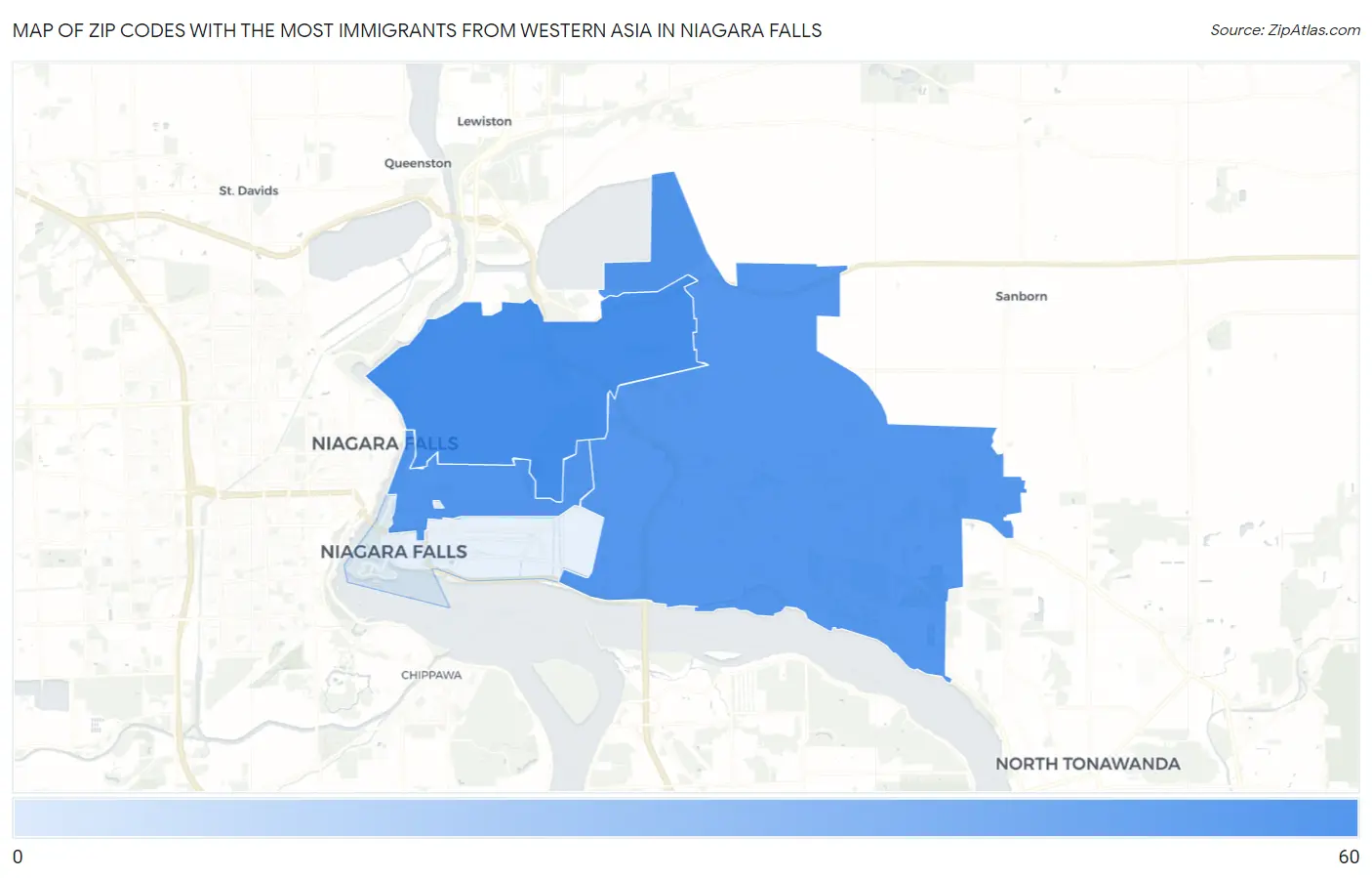 Zip Codes with the Most Immigrants from Western Asia in Niagara Falls Map