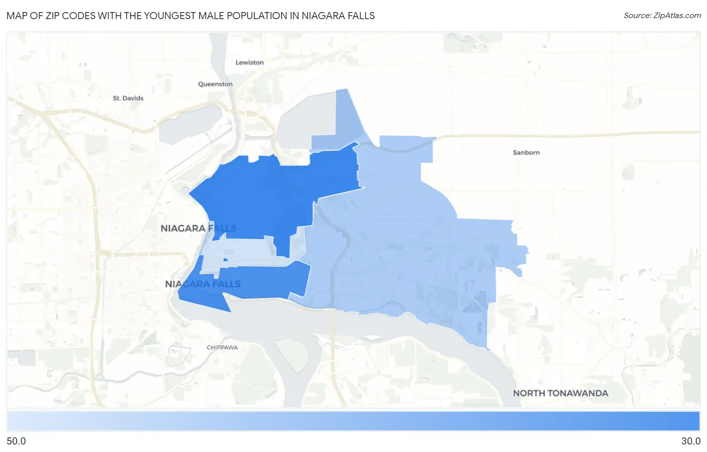 Zip Codes with the Youngest Male Population in Niagara Falls Map