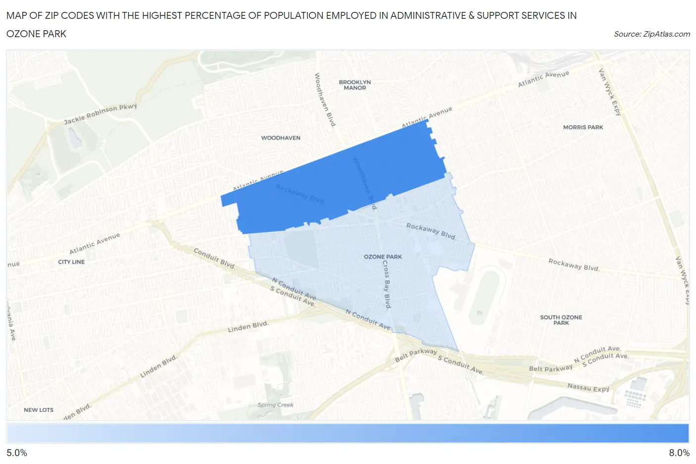 Zip Codes with the Highest Percentage of Population Employed in Administrative & Support Services in Ozone Park Map