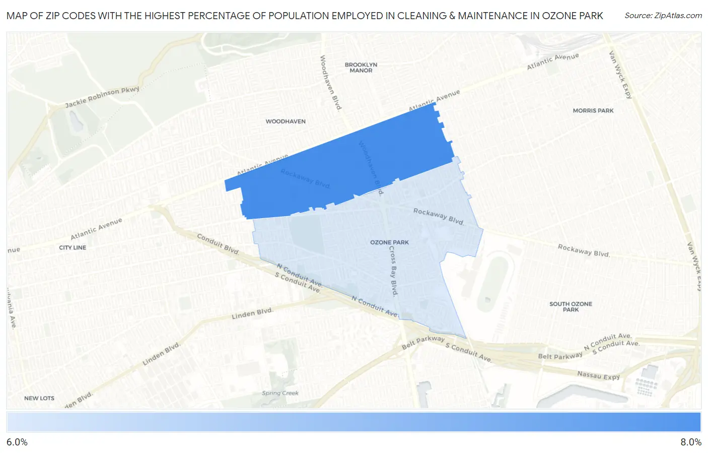 Zip Codes with the Highest Percentage of Population Employed in Cleaning & Maintenance in Ozone Park Map