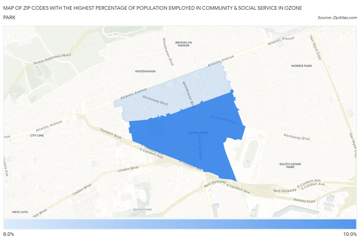 Zip Codes with the Highest Percentage of Population Employed in Community & Social Service  in Ozone Park Map