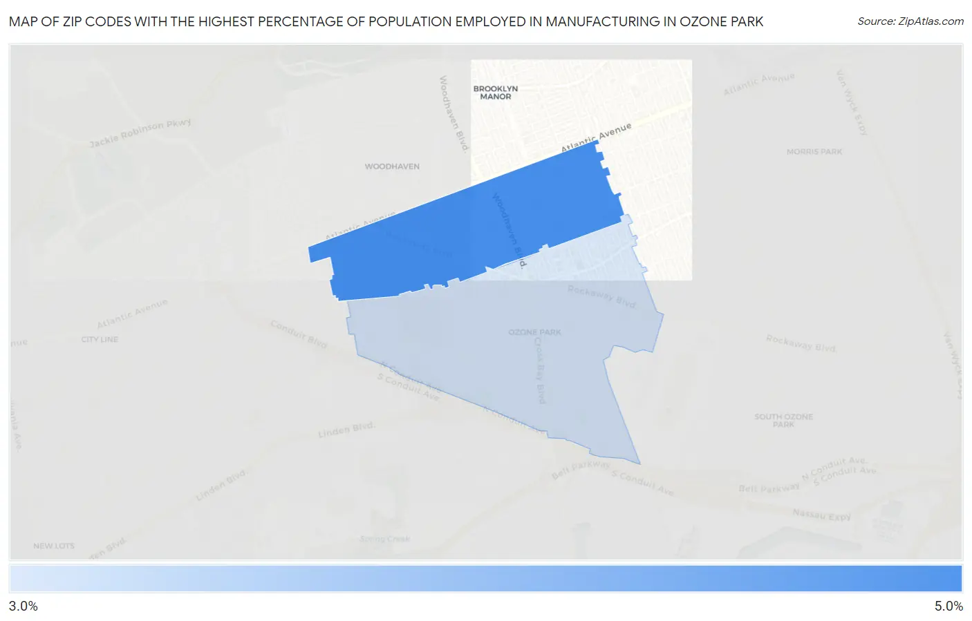 Zip Codes with the Highest Percentage of Population Employed in Manufacturing in Ozone Park Map