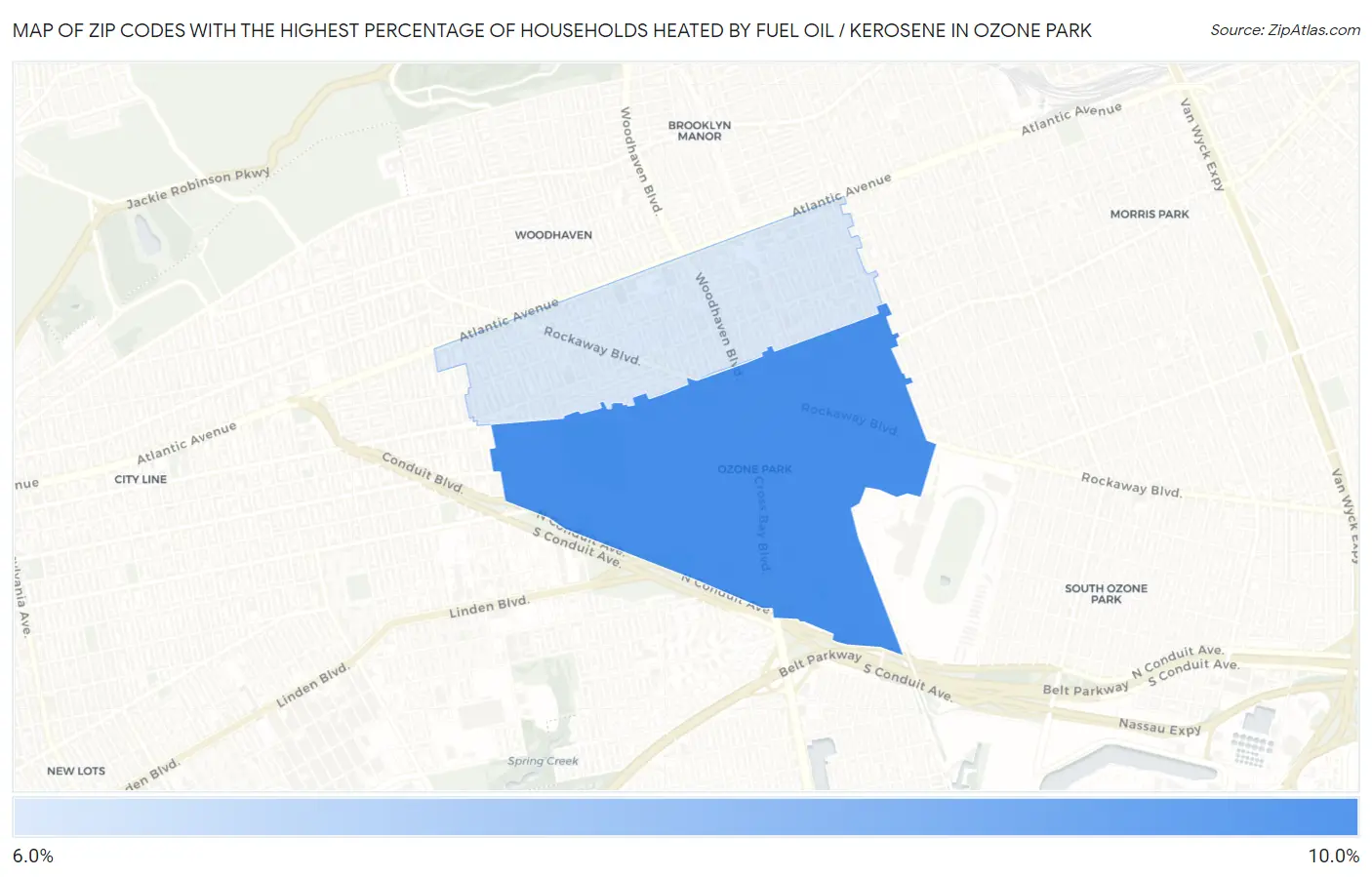 Zip Codes with the Highest Percentage of Households Heated by Fuel Oil / Kerosene in Ozone Park Map