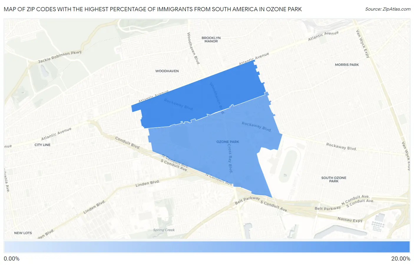Zip Codes with the Highest Percentage of Immigrants from South America in Ozone Park Map