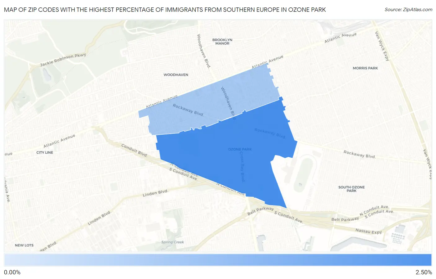 Zip Codes with the Highest Percentage of Immigrants from Southern Europe in Ozone Park Map