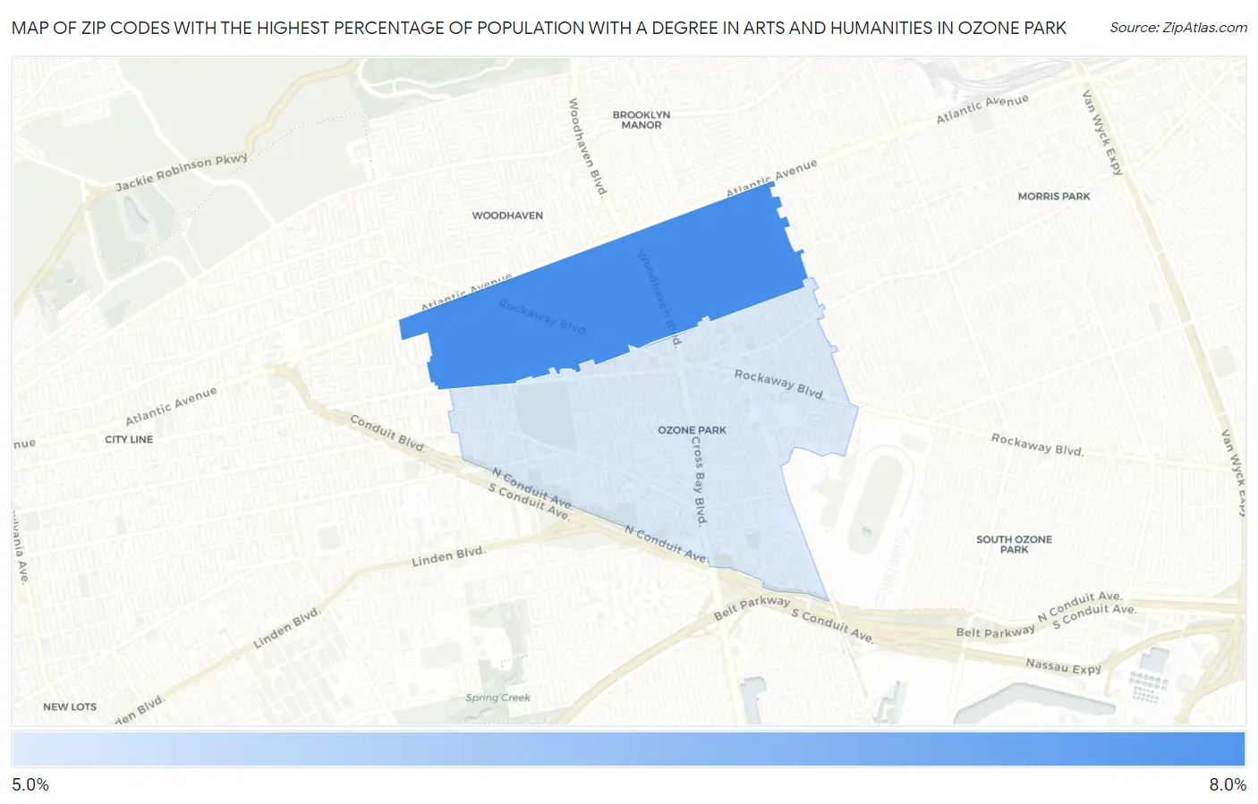 Zip Codes with the Highest Percentage of Population with a Degree in Arts and Humanities in Ozone Park Map