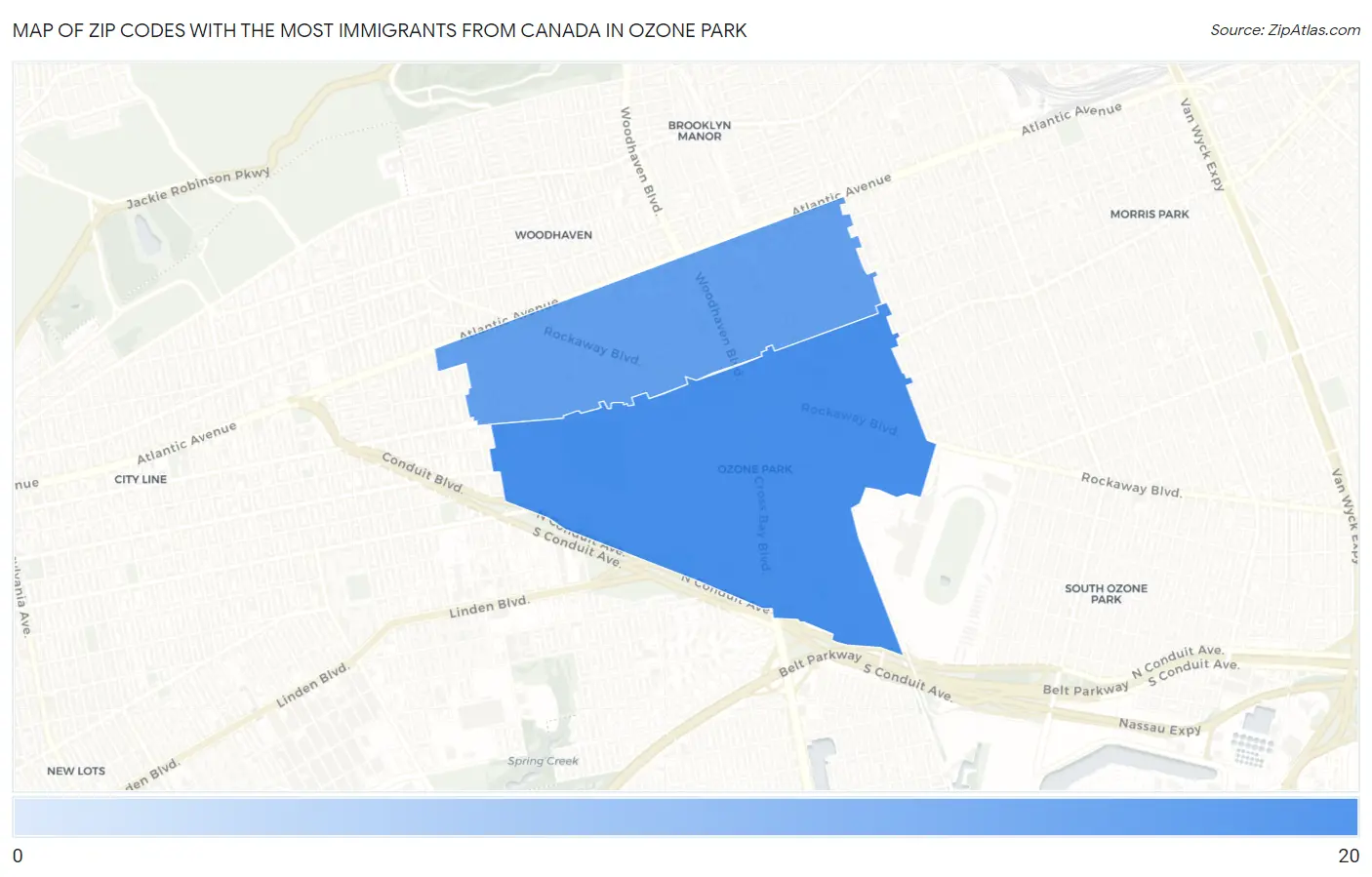 Zip Codes with the Most Immigrants from Canada in Ozone Park Map