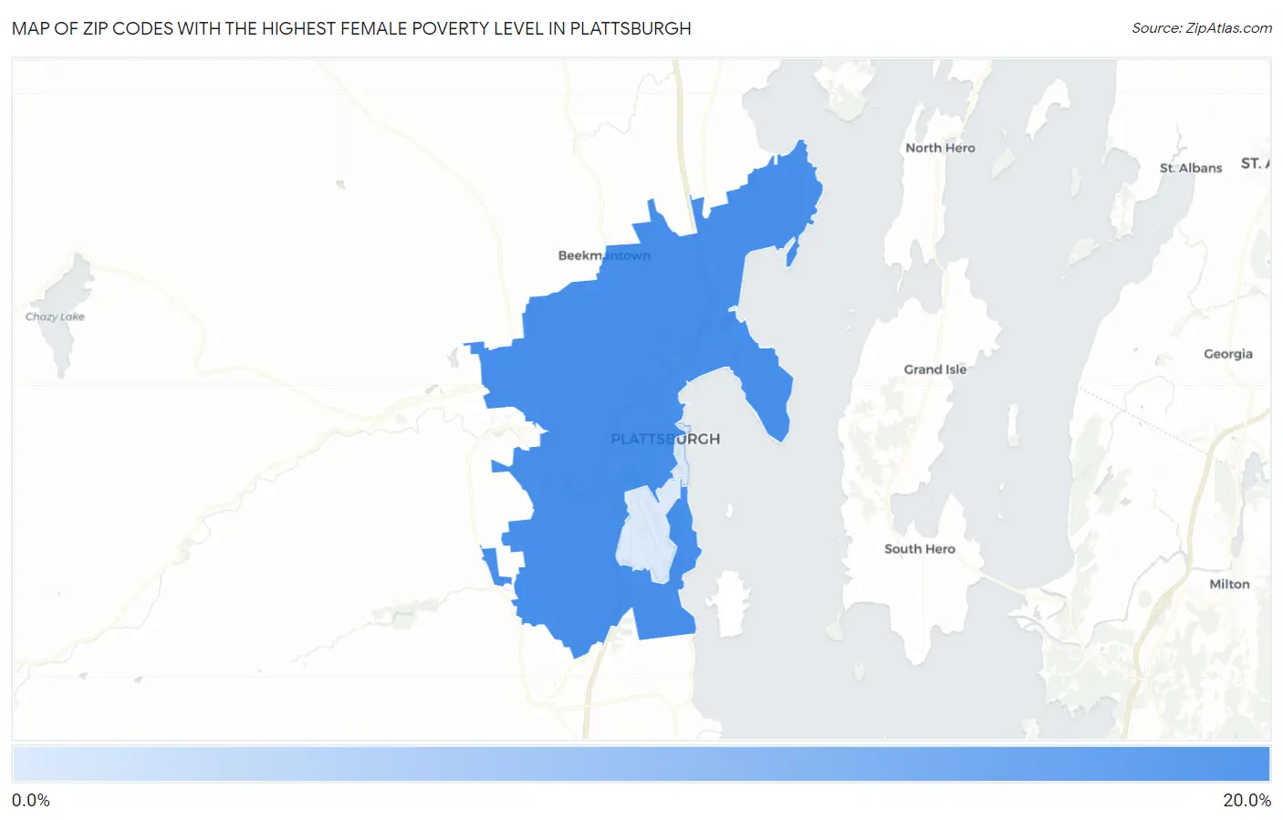 Zip Codes with the Highest Female Poverty Level in Plattsburgh Map
