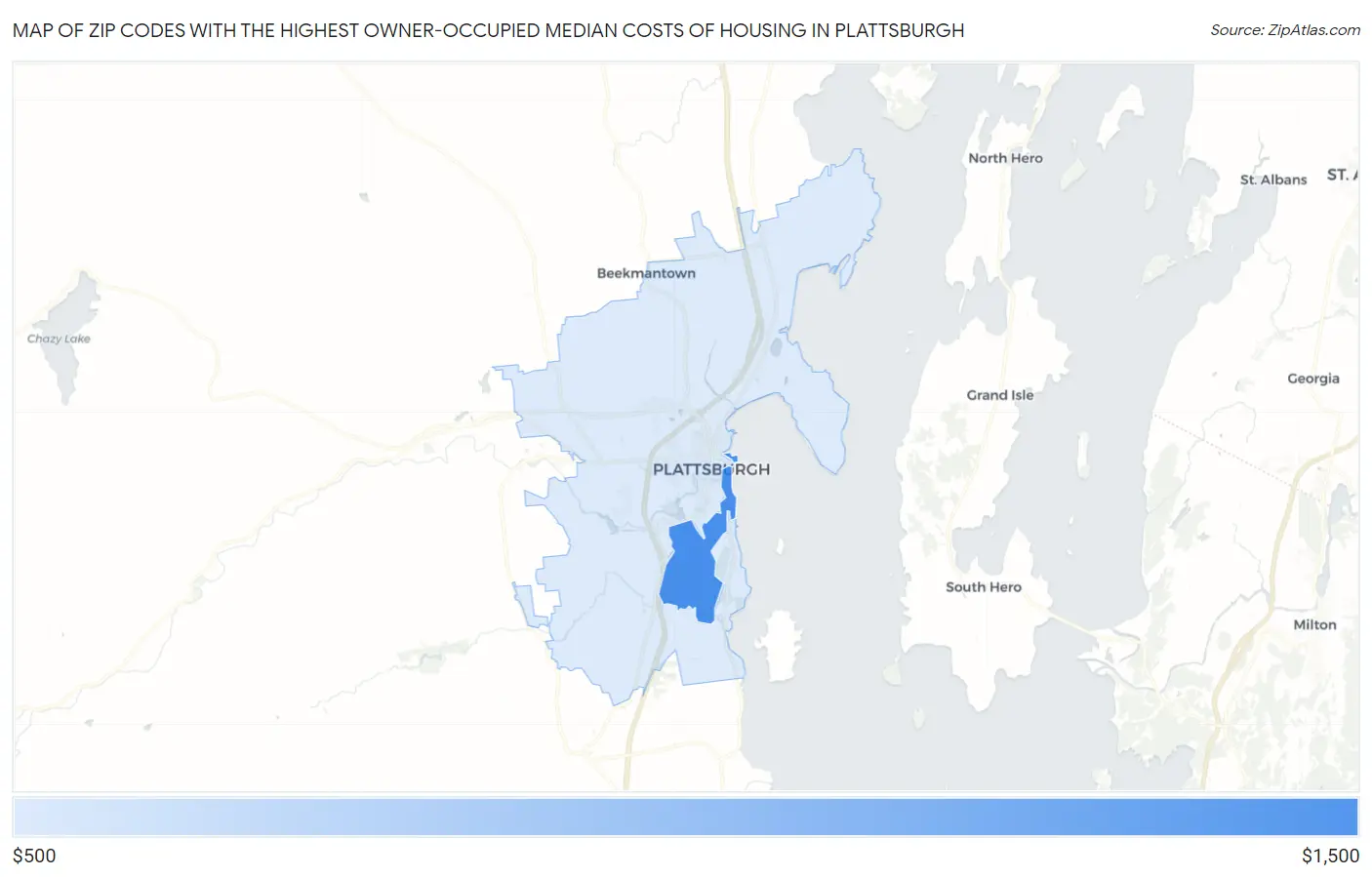 Zip Codes with the Highest Owner-Occupied Median Costs of Housing in Plattsburgh Map