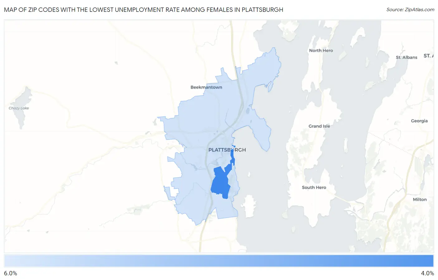 Zip Codes with the Lowest Unemployment Rate Among Females in Plattsburgh Map