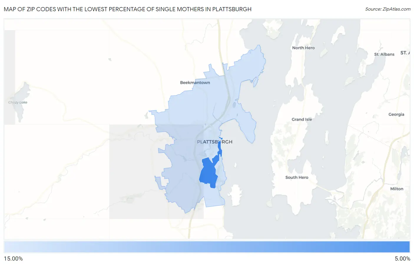 Zip Codes with the Lowest Percentage of Single Mothers in Plattsburgh Map