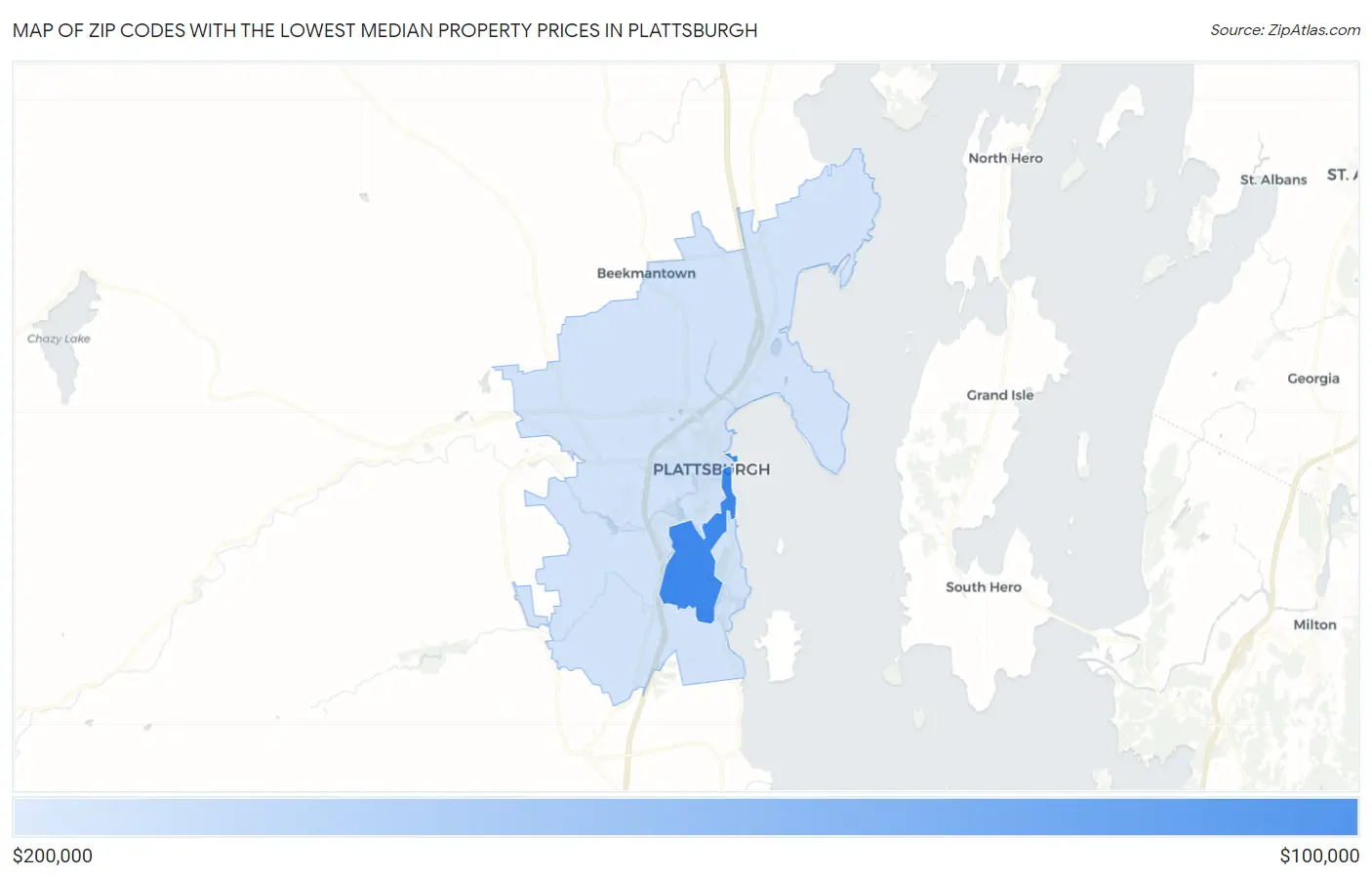 Zip Codes with the Lowest Median Property Prices in Plattsburgh Map