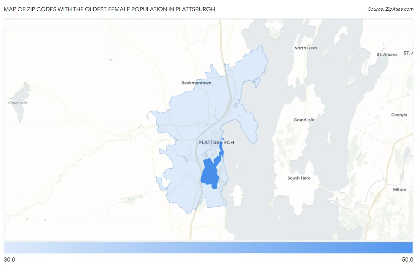 Zip Codes with the Oldest Female Population in Plattsburgh Map