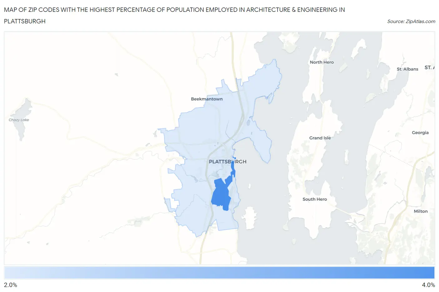 Zip Codes with the Highest Percentage of Population Employed in Architecture & Engineering in Plattsburgh Map