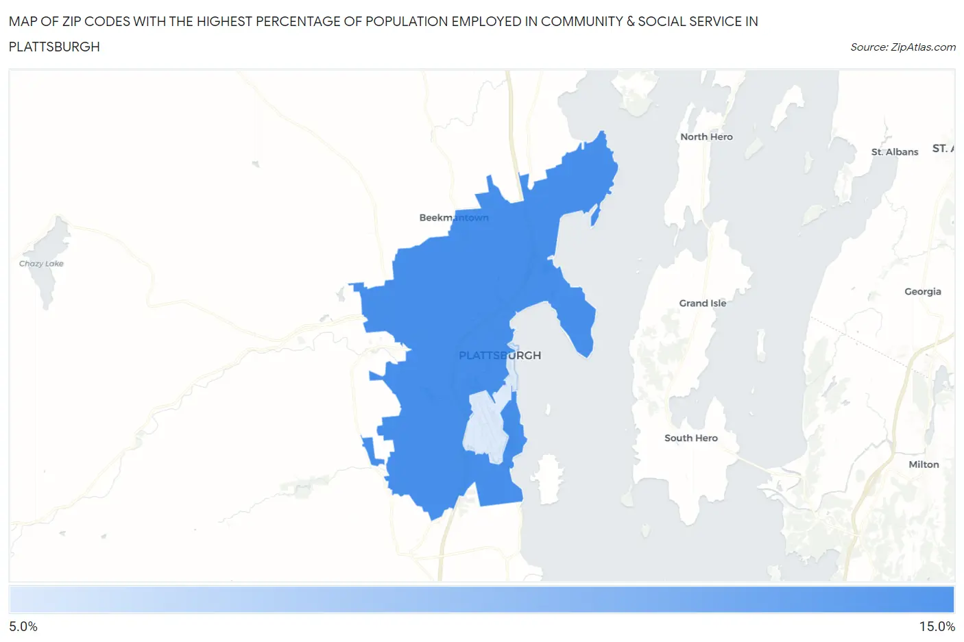 Zip Codes with the Highest Percentage of Population Employed in Community & Social Service  in Plattsburgh Map