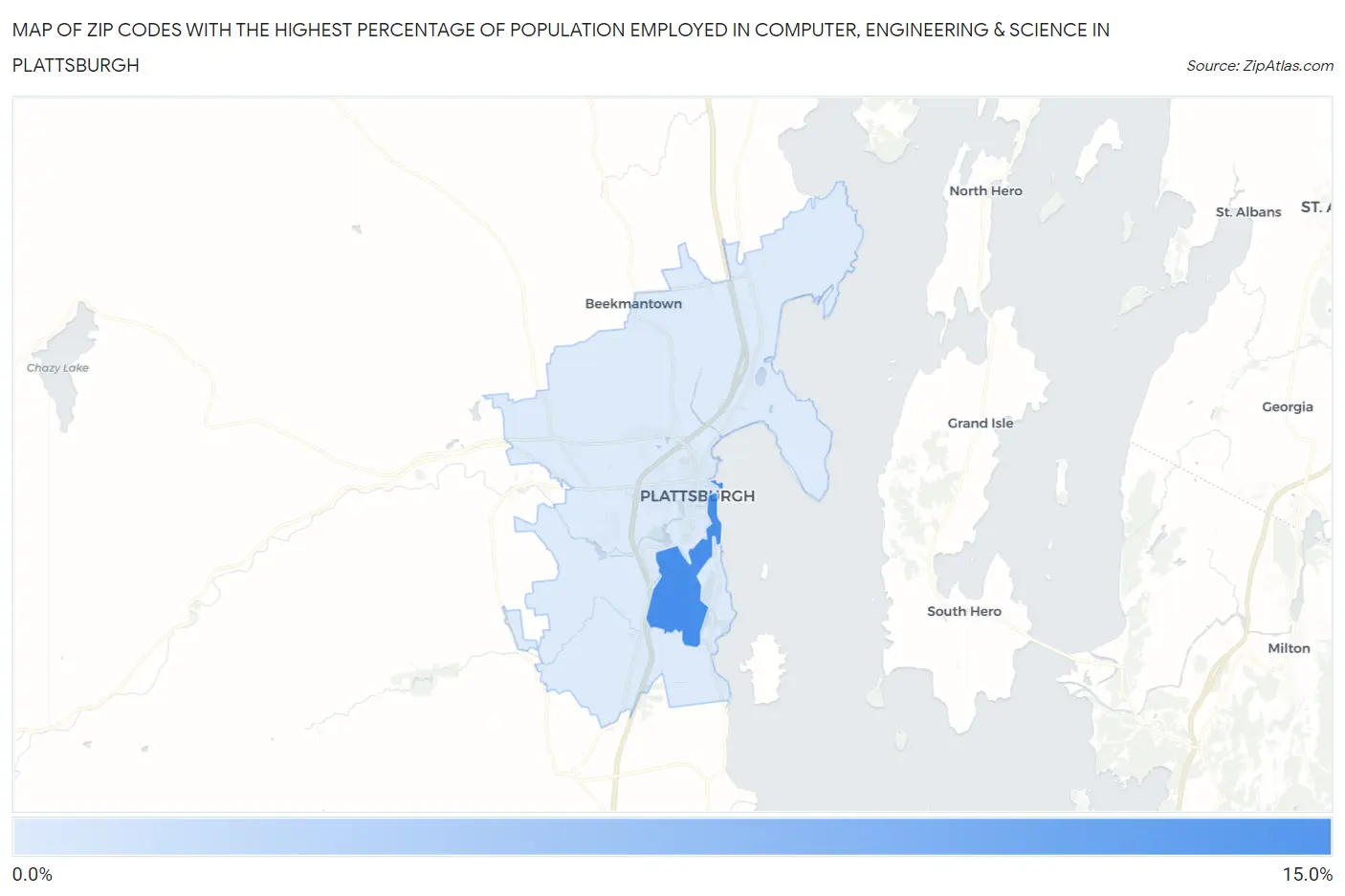 Zip Codes with the Highest Percentage of Population Employed in Computer, Engineering & Science in Plattsburgh Map