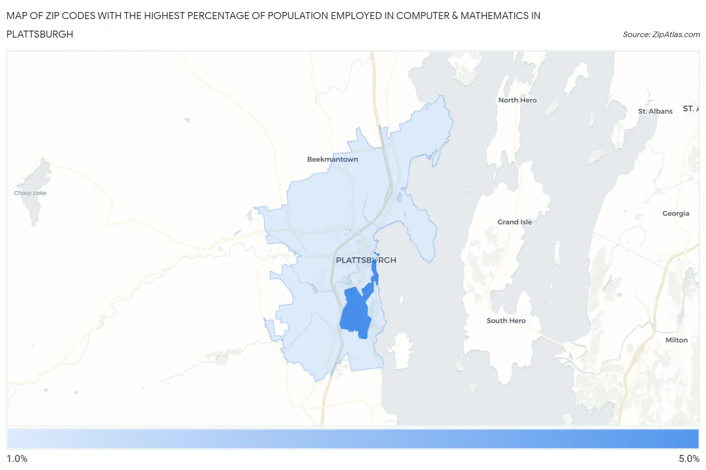 Zip Codes with the Highest Percentage of Population Employed in Computer & Mathematics in Plattsburgh Map