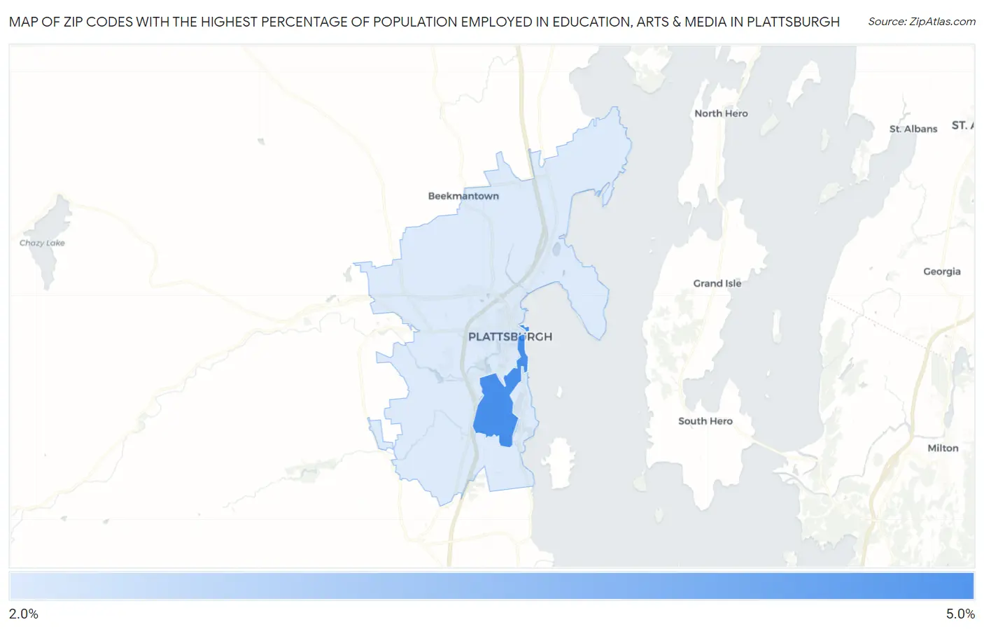 Zip Codes with the Highest Percentage of Population Employed in Education, Arts & Media in Plattsburgh Map