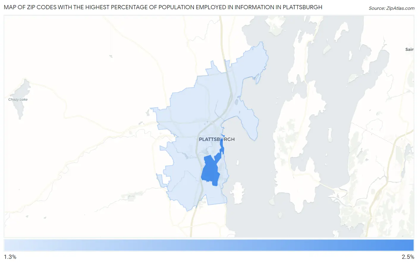 Zip Codes with the Highest Percentage of Population Employed in Information in Plattsburgh Map