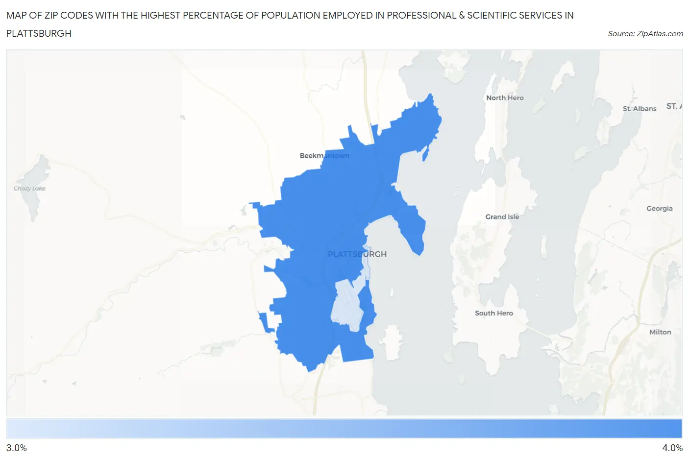 Zip Codes with the Highest Percentage of Population Employed in Professional & Scientific Services in Plattsburgh Map
