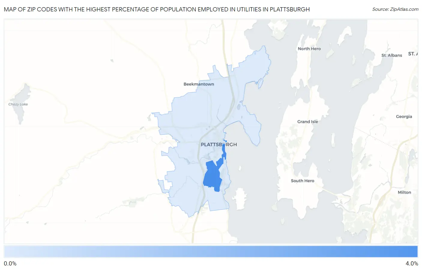 Zip Codes with the Highest Percentage of Population Employed in Utilities in Plattsburgh Map