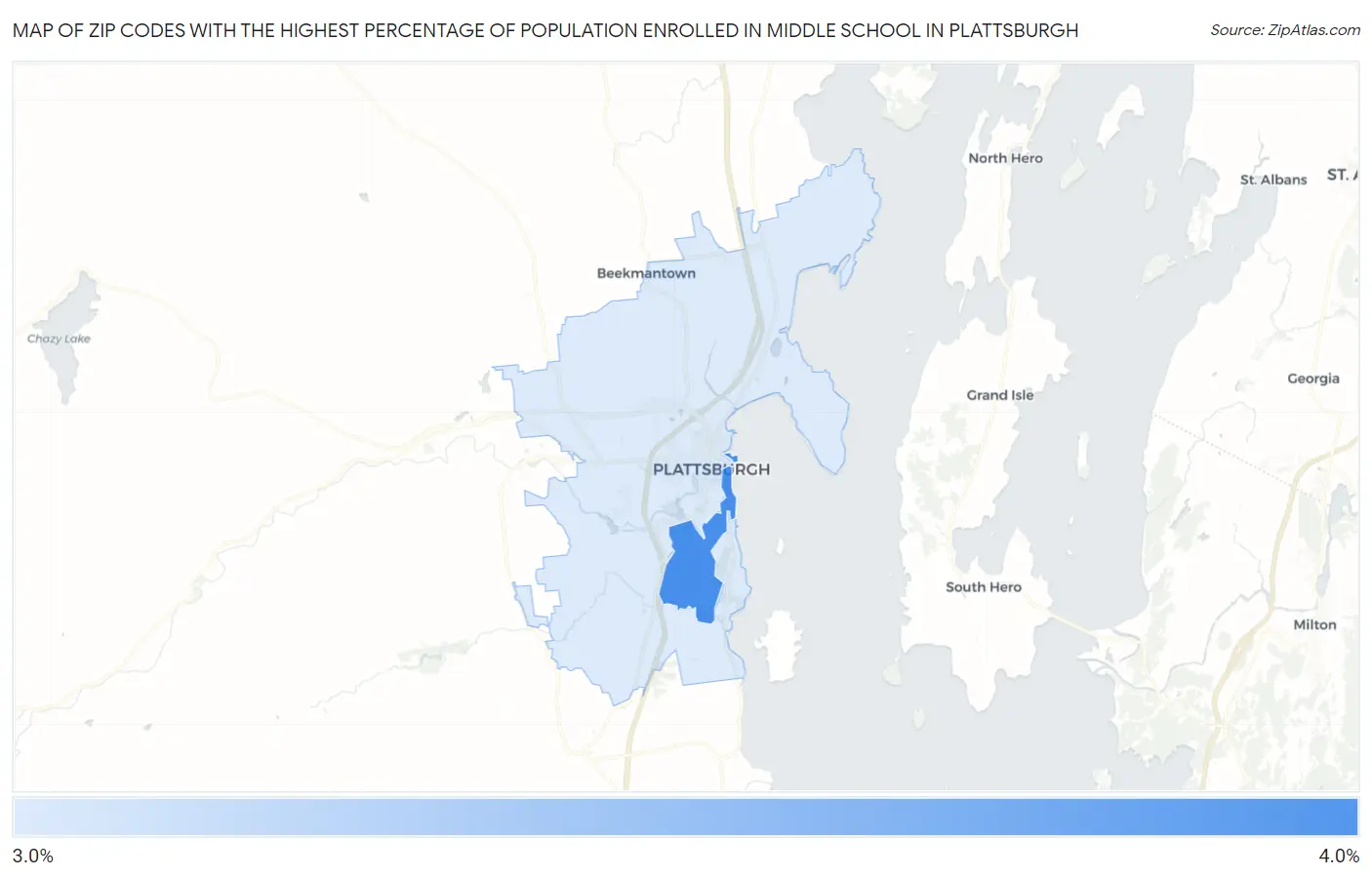 Zip Codes with the Highest Percentage of Population Enrolled in Middle School in Plattsburgh Map