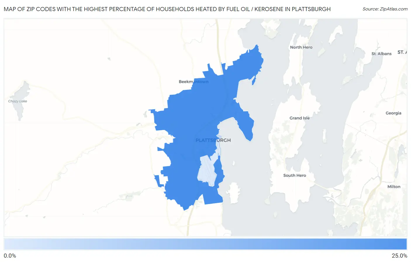 Zip Codes with the Highest Percentage of Households Heated by Fuel Oil / Kerosene in Plattsburgh Map