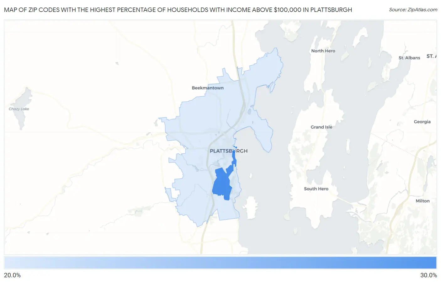 Zip Codes with the Highest Percentage of Households with Income Above $100,000 in Plattsburgh Map