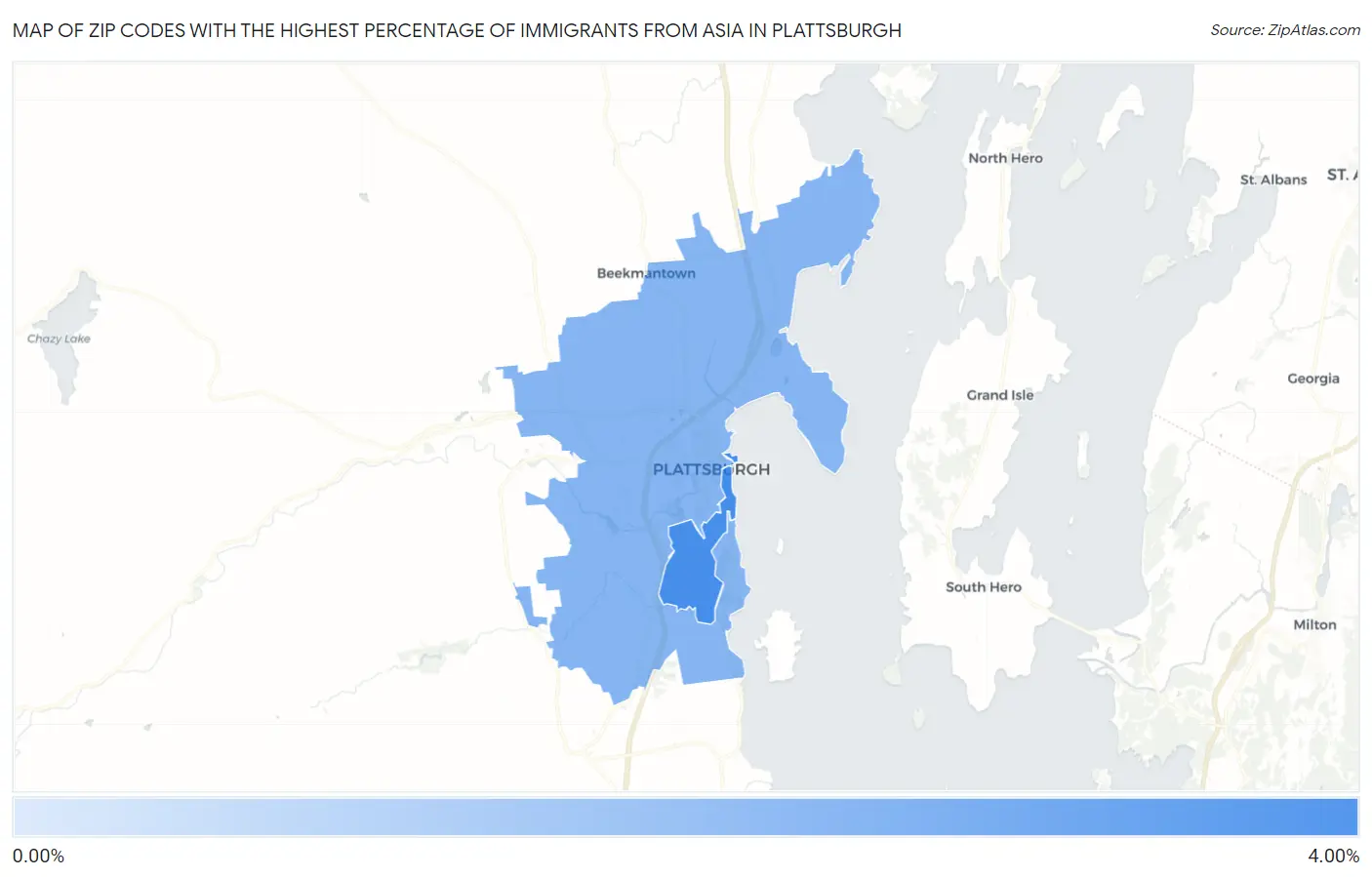 Zip Codes with the Highest Percentage of Immigrants from Asia in Plattsburgh Map