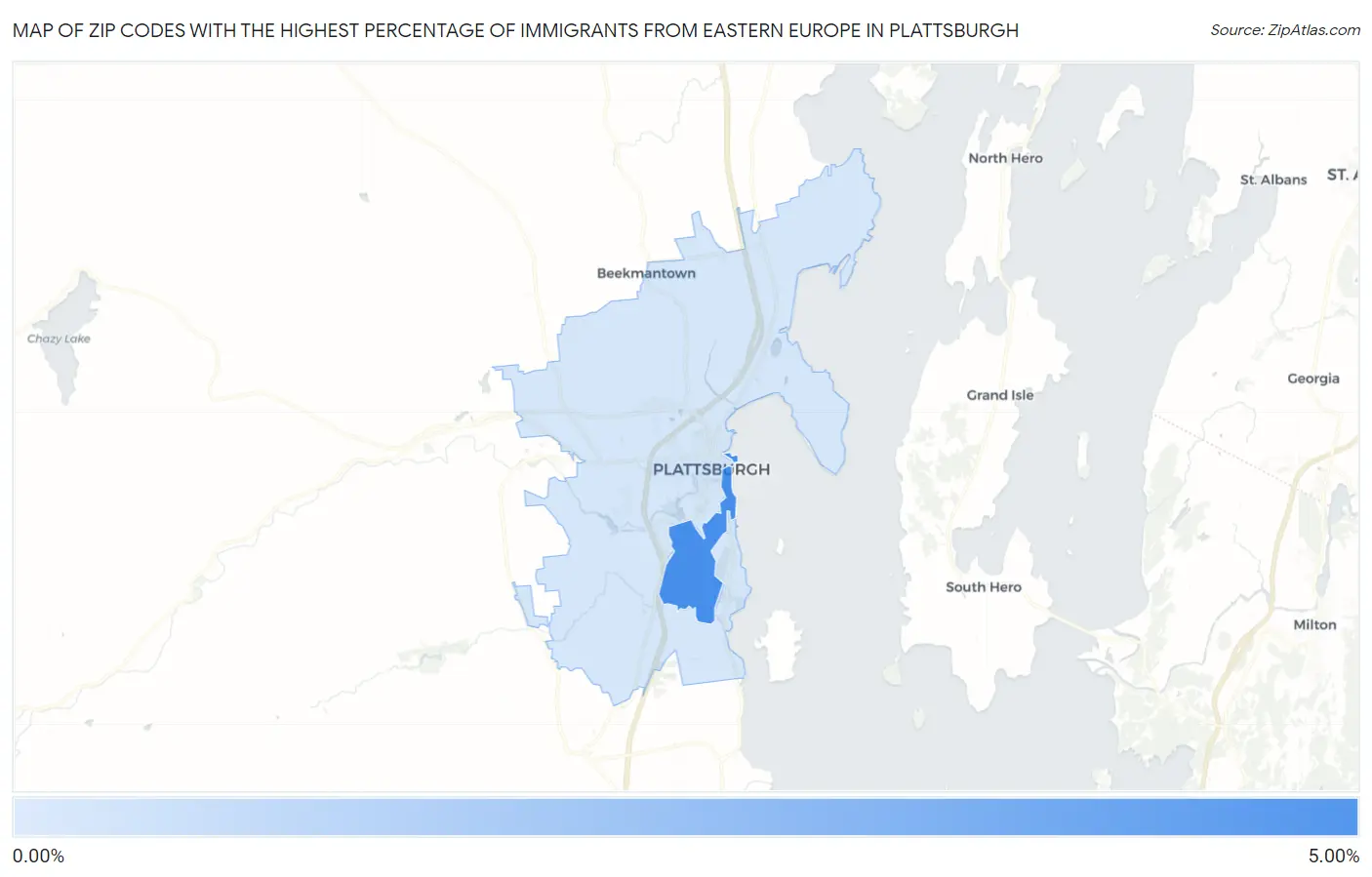 Zip Codes with the Highest Percentage of Immigrants from Eastern Europe in Plattsburgh Map