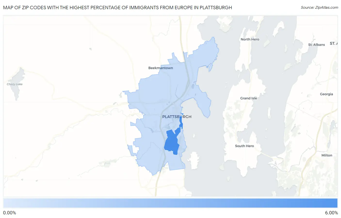 Zip Codes with the Highest Percentage of Immigrants from Europe in Plattsburgh Map