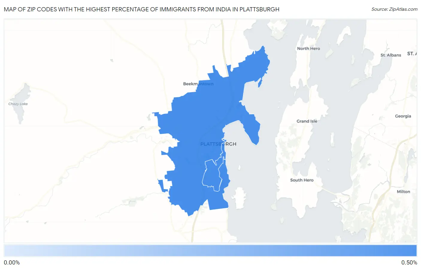 Zip Codes with the Highest Percentage of Immigrants from India in Plattsburgh Map