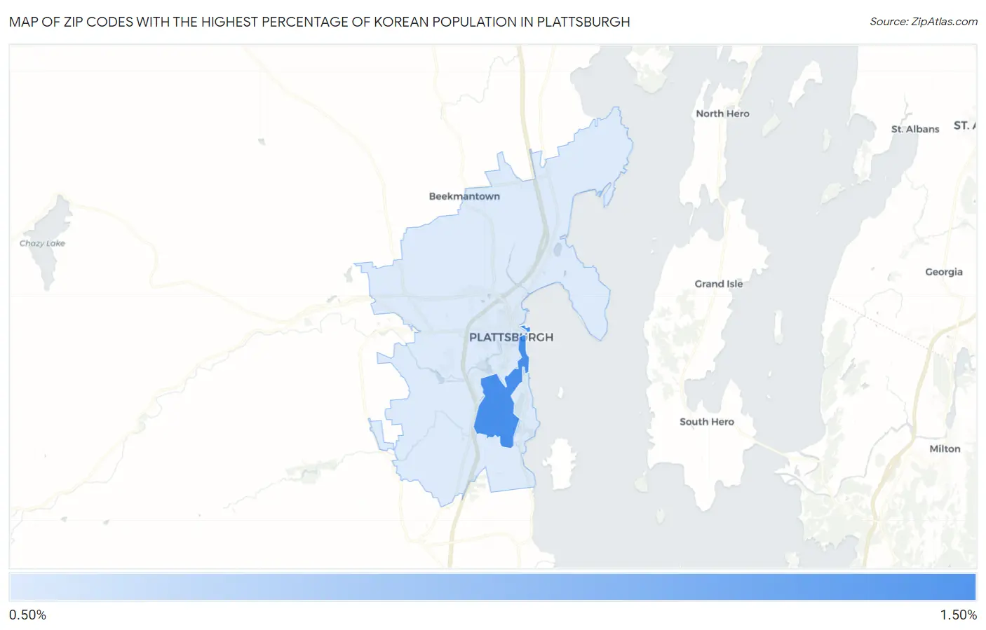 Zip Codes with the Highest Percentage of Korean Population in Plattsburgh Map