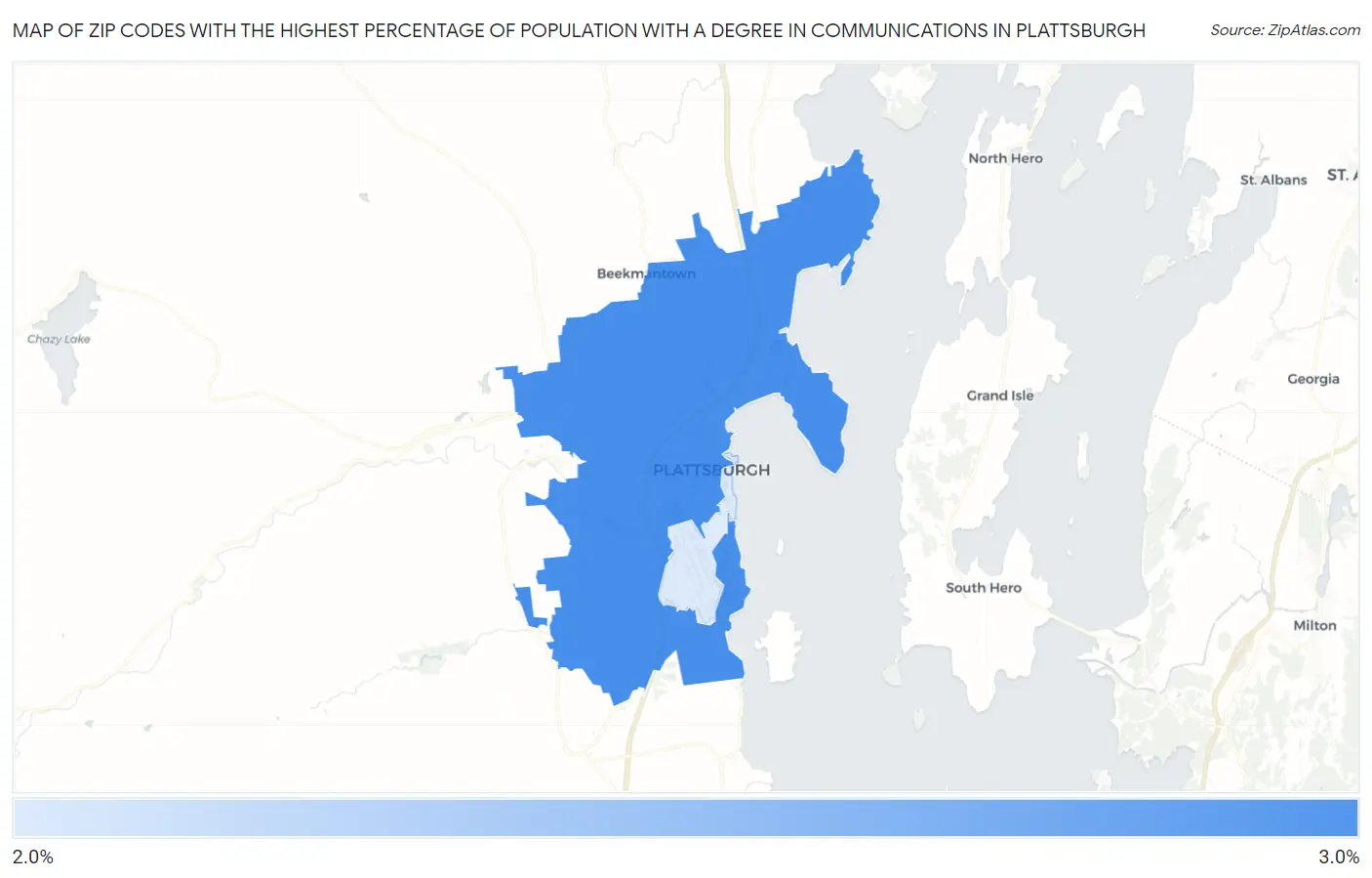 Zip Codes with the Highest Percentage of Population with a Degree in Communications in Plattsburgh Map
