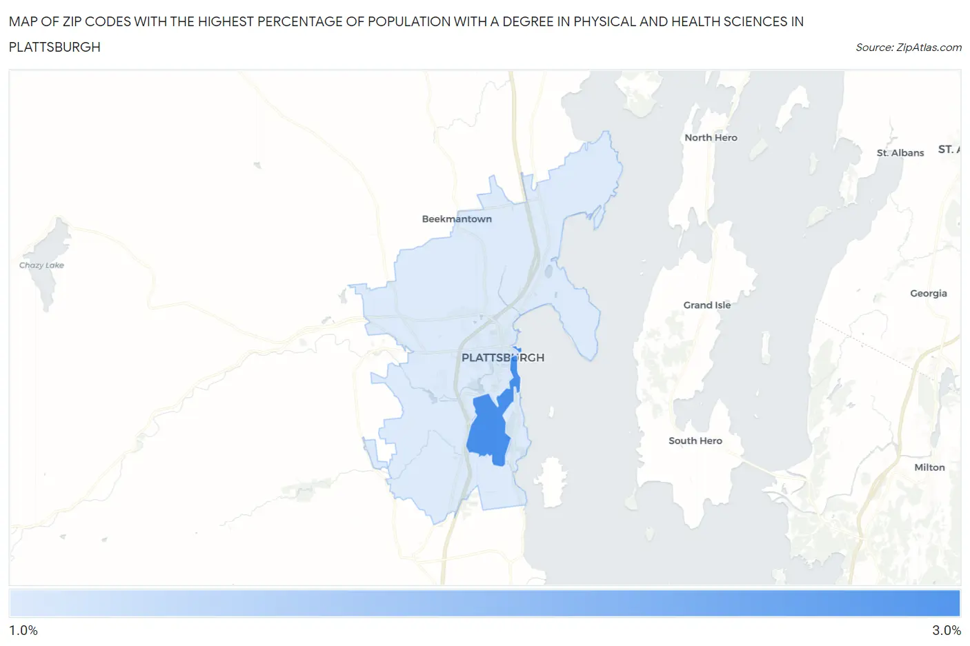 Zip Codes with the Highest Percentage of Population with a Degree in Physical and Health Sciences in Plattsburgh Map