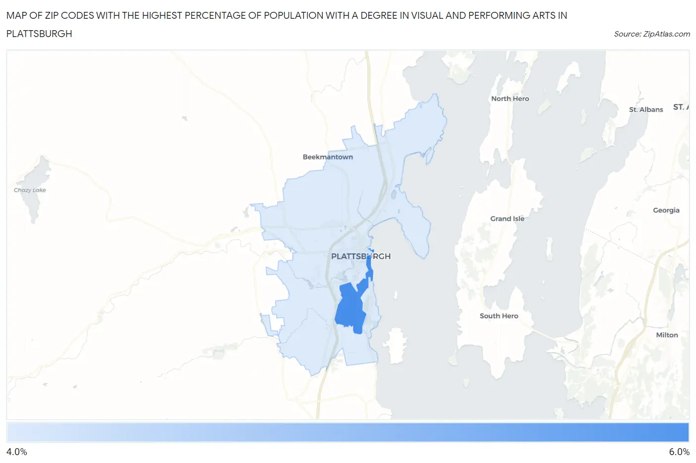 Zip Codes with the Highest Percentage of Population with a Degree in Visual and Performing Arts in Plattsburgh Map