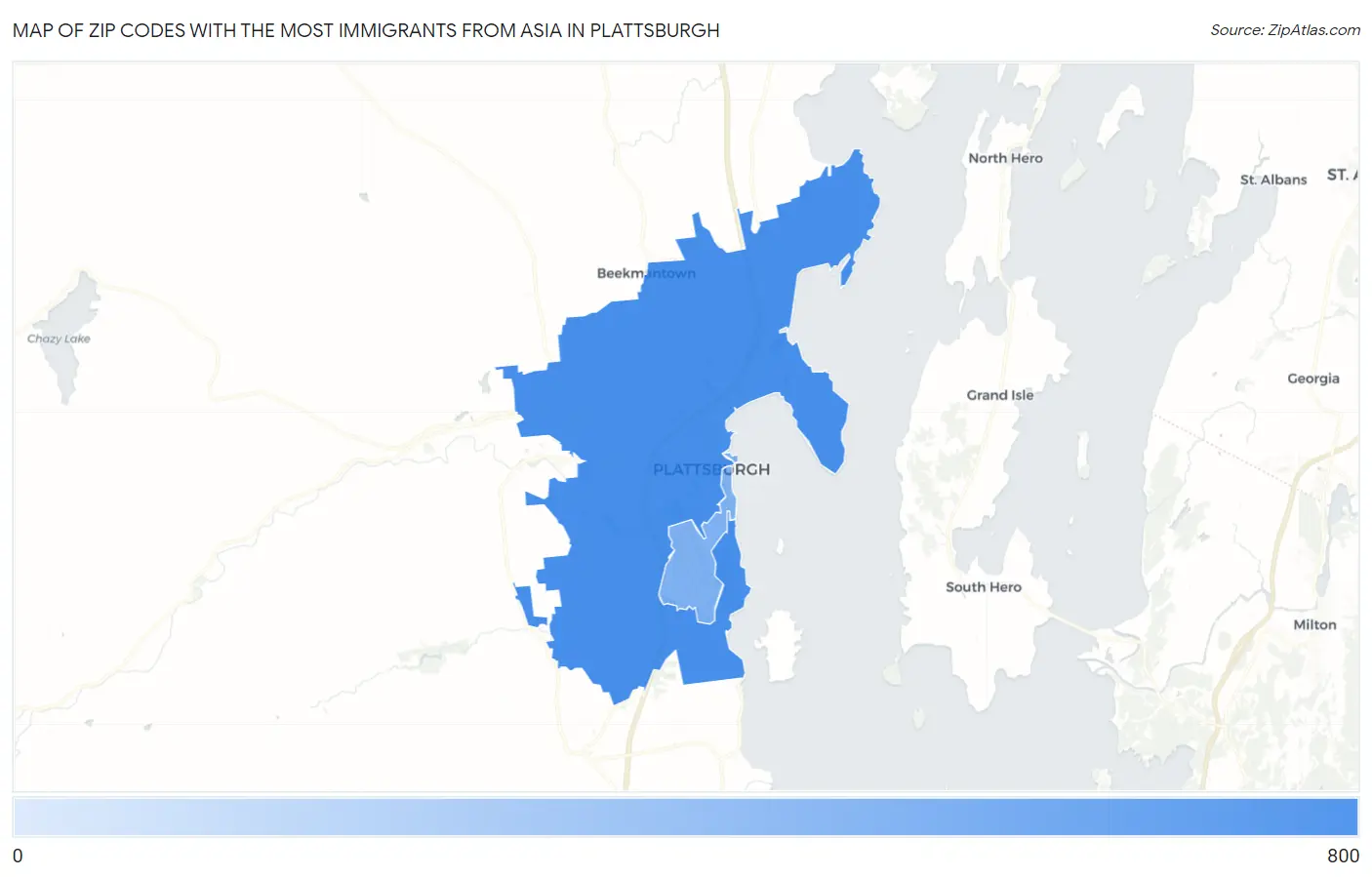 Zip Codes with the Most Immigrants from Asia in Plattsburgh Map