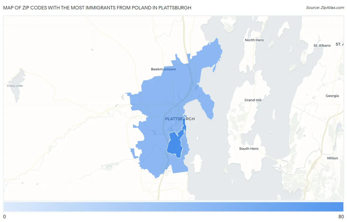 Zip Codes with the Most Immigrants from Poland in Plattsburgh Map