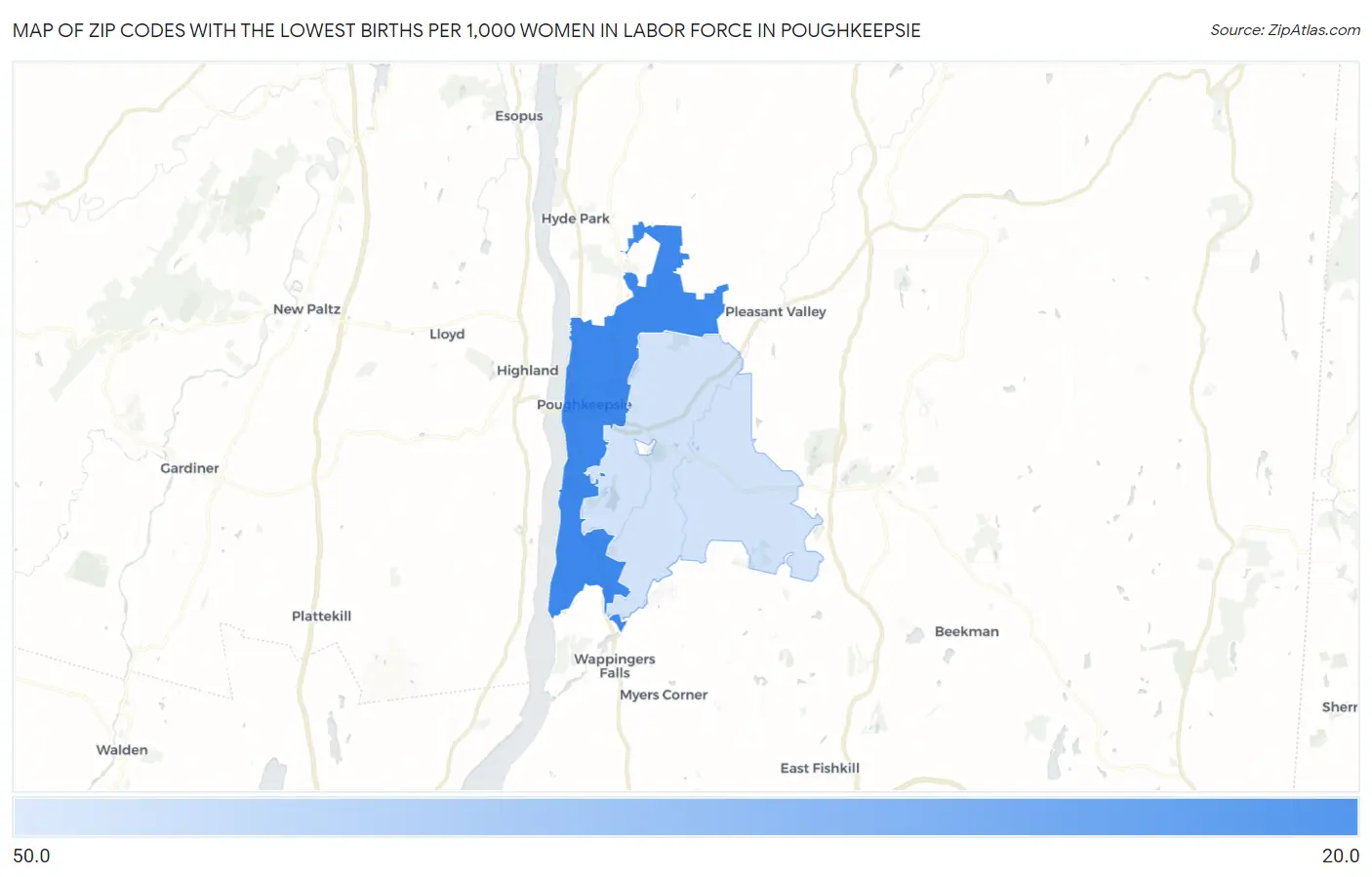 Zip Codes with the Lowest Births per 1,000 Women in Labor Force in Poughkeepsie Map