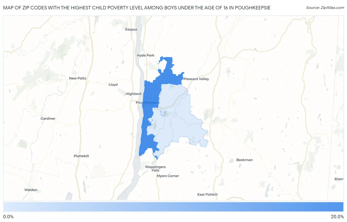Zip Codes with the Highest Child Poverty Level Among Boys Under the Age of 16 in Poughkeepsie Map