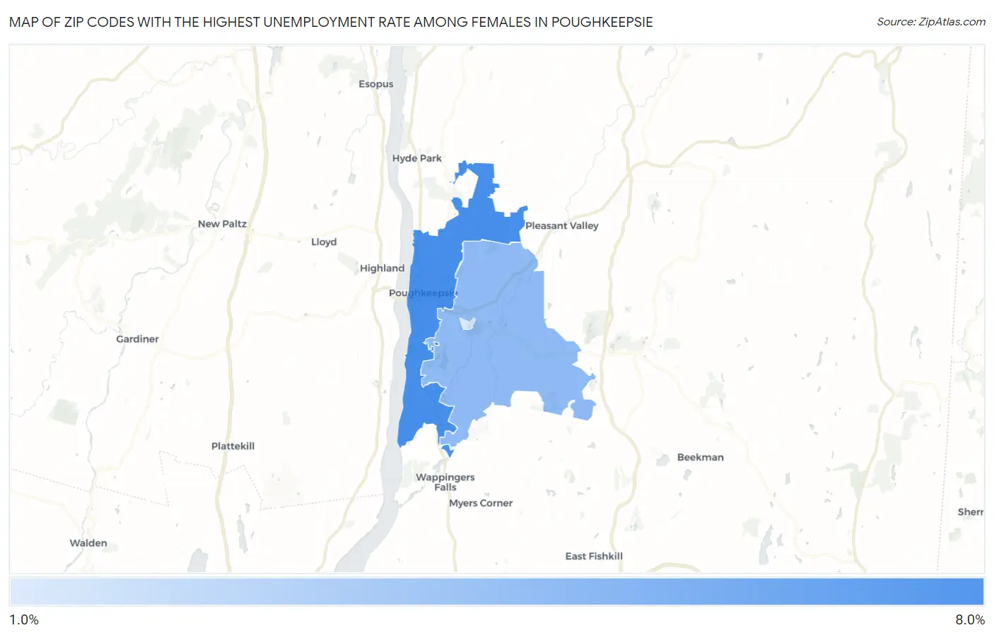 Zip Codes with the Highest Unemployment Rate Among Females in Poughkeepsie Map