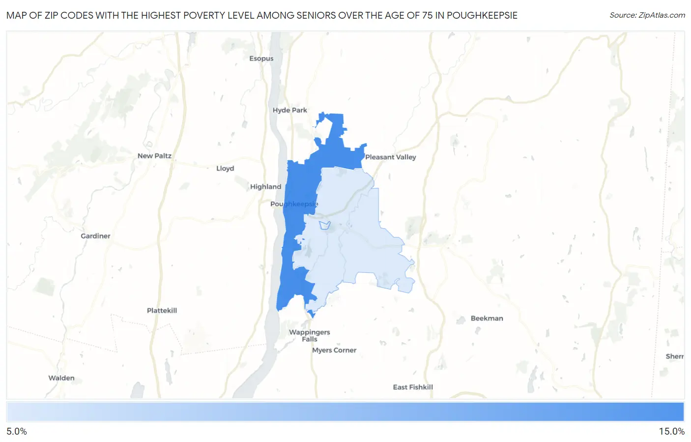 Zip Codes with the Highest Poverty Level Among Seniors Over the Age of 75 in Poughkeepsie Map