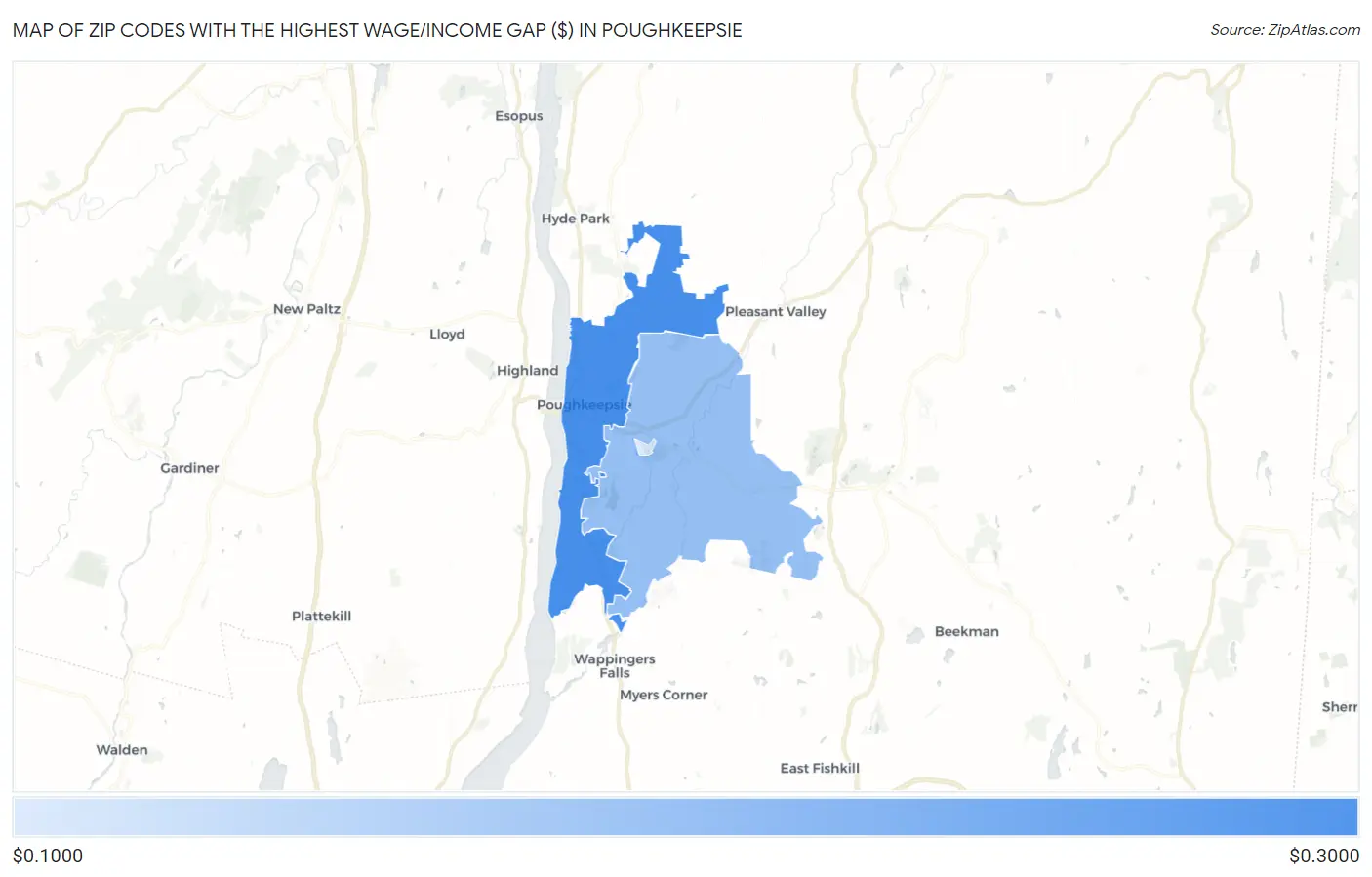 Zip Codes with the Highest Wage/Income Gap ($) in Poughkeepsie Map