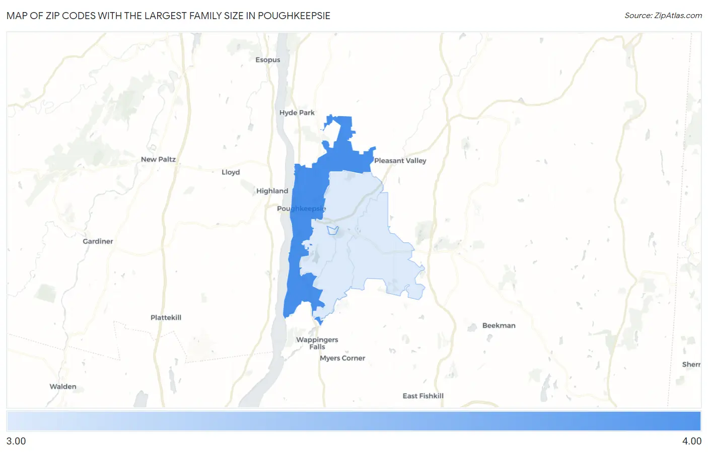 Zip Codes with the Largest Family Size in Poughkeepsie Map
