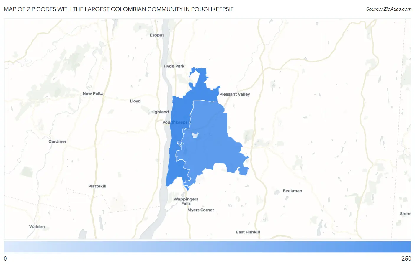 Zip Codes with the Largest Colombian Community in Poughkeepsie Map