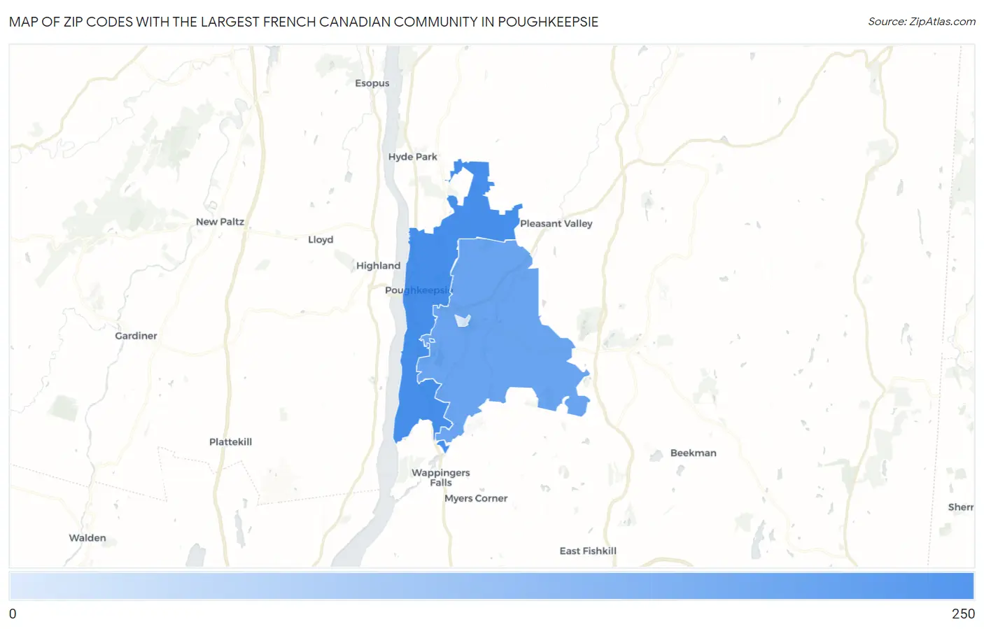 Zip Codes with the Largest French Canadian Community in Poughkeepsie Map
