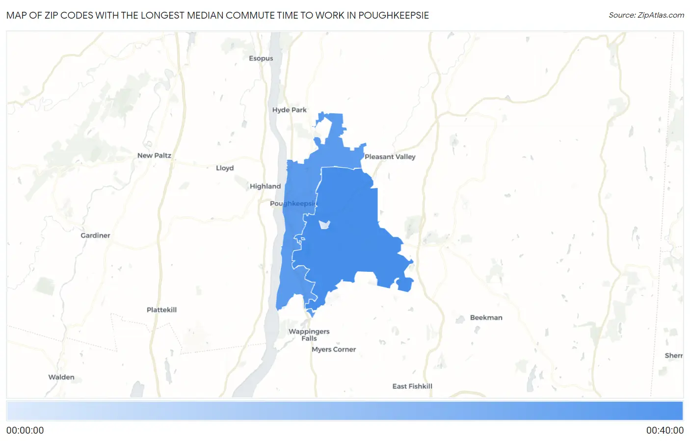 Zip Codes with the Longest Median Commute Time to Work in Poughkeepsie Map