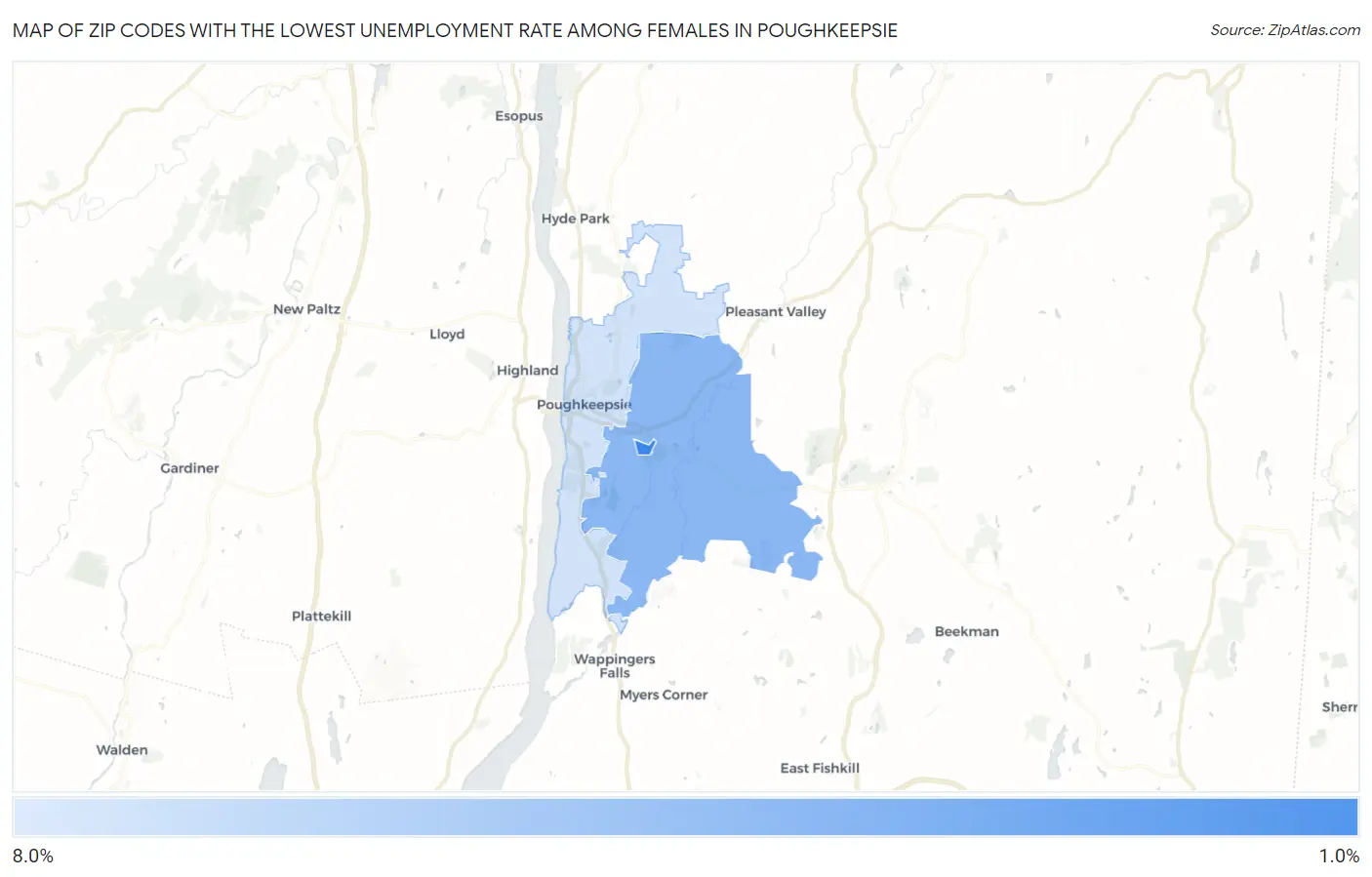 Zip Codes with the Lowest Unemployment Rate Among Females in Poughkeepsie Map
